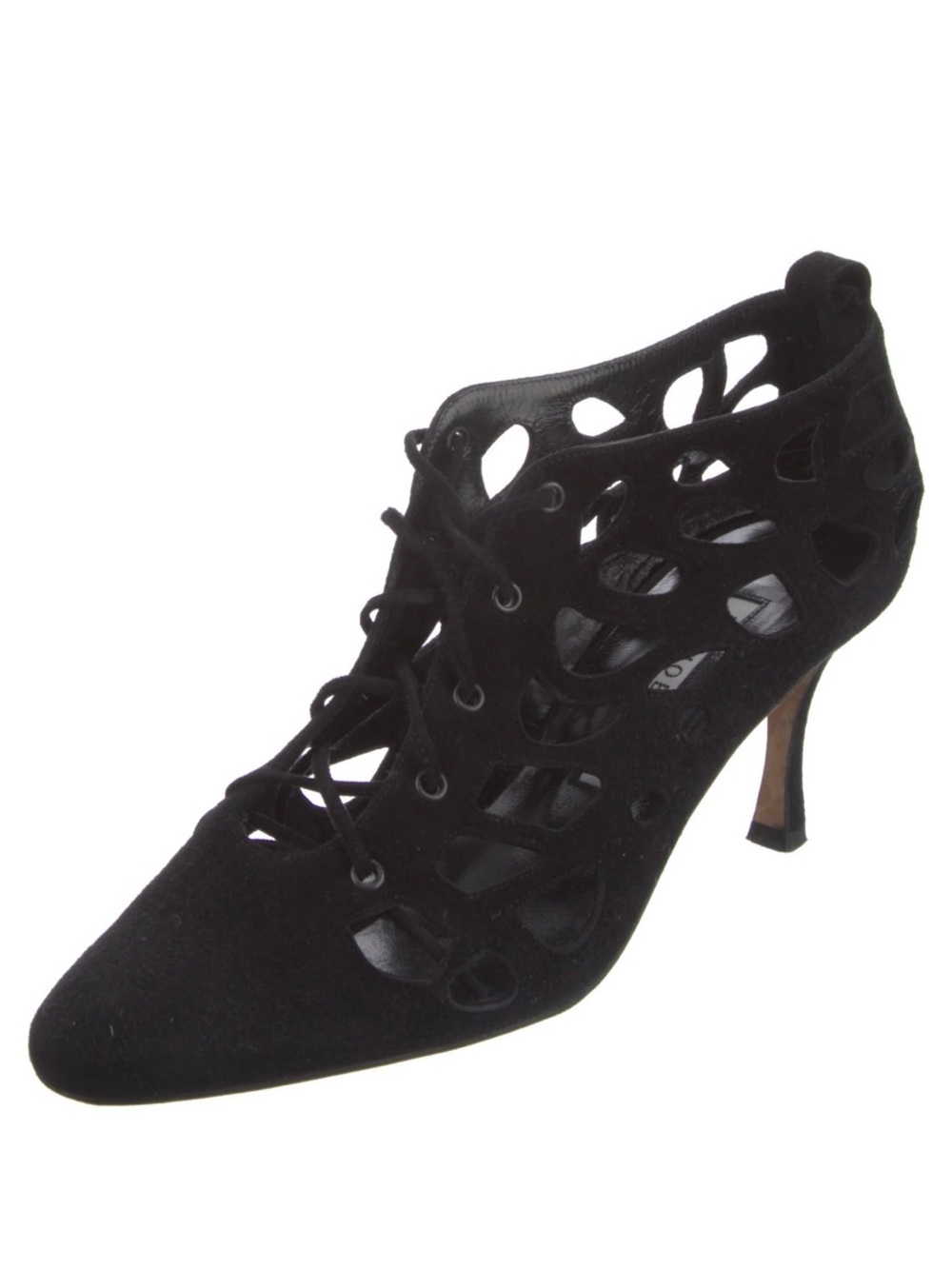Manolo Blahnik Gongola Black Cutout Lace-Up Suede Heels hand made in Italy eu 38